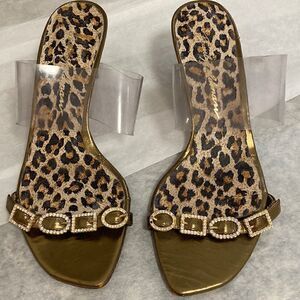 Beverly Feldman Sandals Metallic Gold with Rhinestone Strap/Clear PVC Strap.